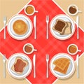 Vector breakfast concept set with food and drinks with flat icons in composition. Breakfast composition sandwich and omelette, juc