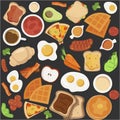 Vector breakfast concept set with food and drinks with flat icons in composition. Breakfast composition sandwich and omelette, juc