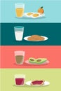 Vector breakfast concept set with food and drinks with flat icons in composition. Breakfast composition sandwich and omelette, juc