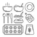 ÃÂ¡ooking icon set. Vector. Plate with hot dish, empty plate, cutlery, fork, plate, knife, flour, baking, kitchen board