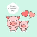 Happy Valentines day greeting card. Cute pig cartoon with heart balloon. Royalty Free Stock Photo