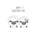 Happy Valentine`s day postcard. Sweet couple sheep cartoon .