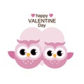 Happy Valentine`s Day card with cute flat owls. Vector illustration. Royalty Free Stock Photo