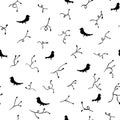 Monochrome spring pattern with birds and twigs.