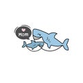 Happy MotherÃ¢â¬â¢s day greeting card with cute sharks cartoon. Vector illustration.