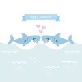 Valentine greeting card. Cute sharks with heart.