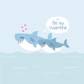 Valentine greeting card. Cute sharks with heart.