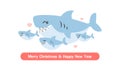 Merry Christmas and happy New Year greeting card. Cute shark family cartoon. Royalty Free Stock Photo