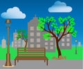 Web. cartoon illustration of a modern empty city park with skyscrapers buildings background.