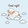 Good night card with little sheep jump on the clouds. Vector illustration