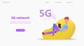 5G network concept. Cartoon character uses fast mobile internet lte.