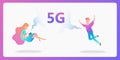 5G network concept. Cartoon character uses fast mobile internet lte.