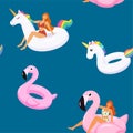 Summer pattern with cute girls in trendy swimsuits on inflatable swimming pools flamingos and unicorn. Vector seamless texture.