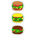 Set of vector fast food icons. Hamburger, cheeseburger, double burger, burger with lettuce, onion, tomato, cucumber and ketchup