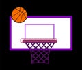 Web a basketball hoop on the shield and a ball flying into it. Vector illusion