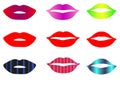 Web Red lips collection. Vector illustration of sexy woman`s flat lips expressing different emotions, such as smile