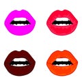 Web Female glossy colored lips that kiss and show tongue, white teeth or smile and happy, surprised or excited emotions. Vector