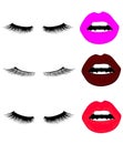 Web Set of lips with eyelashes. Vector. Illustration with collage of woman`s eyebrows, eyelashes, sexy lips and luxury lipstick .