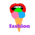 Web Girl open mouth and eats popsicle ice cream. Woman licks a ice cream on stick. Sensual 