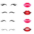 Web Set of lips with eyelashes. Vector