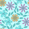 Floral pattern of abstract flat flowers on a blue background. Seamless vector pattern Royalty Free Stock Photo