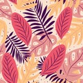 Seamless pattern of bright red flowers and tropical leaves. Vector design.