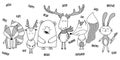 Cute bear, badger, fox, roe, deer, bunny