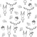 Deer and roe pattern design with beech leaf and acorn - funny hand drawn doodle, seamless pattern. Royalty Free Stock Photo