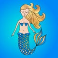 Lovely gold-turquise little mermaid - funny hand drawn doodle, seamless pattern.