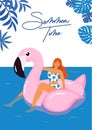 Summer card with flamingo inflatable pool float and girl in swimsuit  Vector illustration. Royalty Free Stock Photo