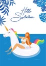 Summer card with unicorn inflatable pool float and girl in swimsuit  Vector illustration. Royalty Free Stock Photo