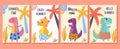 Collection of tropical cards with a cute cartoon dinosaurs in beach shorts. Vector illustration. Beautiful template. Can be used f Royalty Free Stock Photo