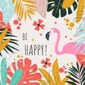 A postcard with flamingos and the words `be happy`. Vector design.