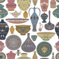 Seamless pattern with traditional Arabic utensils collection. Oriental dishes, pots, lantern, bowl, plates, pottery, ceramic with Royalty Free Stock Photo