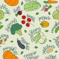 Seamless pattern vegetables with inscriptions.