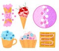 Summer sweets set flat design waffles cake cream smoothie fruits colorful