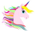 Web White unicorn vector head with mane and horn on starry background.