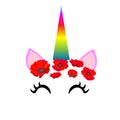 Web drawing unicorn face with flower poppies on head, vector illustration.