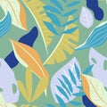 Seamless pattern with tropical plants on blue background. Vector design. Flat jungle print. Floral background.