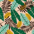 Seamless pattern with bright tropical plants on white background. Vector design. Flat jungle print. Floral background.