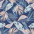 Seamless pattern with bright tropical plants on white background. Vector design. Flat jungle print. Floral background.