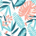 Summer seamless tropical pattern with green plants on a dark background. Vector design. Floral background.