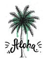 Hand drawn palm tree with paint splatter. Aloha hand lettering, Hawaiian language greeting typography.