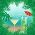 Vector summer background with palm trees, beach ,sea,cocktails framed with palm branches