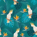 Trendy tropical pattern with parrots and exotic flowers. Vector seamless texture.