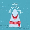 Hello, nice to Meat you!` funny vector text quotes and shark drawing.