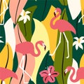 Abstract summer exotic pattern with flamingos and tropical leaves. Vector seamless texture. Trendy Illustration.