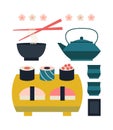 Set of japanese food and beverage flat icon sushi, yakisoba, takoyaki, onigiri, green tea, sake, dorayaki, mochi, rice ball, miso