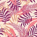 Seamless pattern with colorful tropical leaves on light background. Vector design. Jungle print. Floral background.