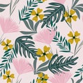 Tropical summer seamless pattern with flowers and leaves. Vector design. Jungle print. Floral background.